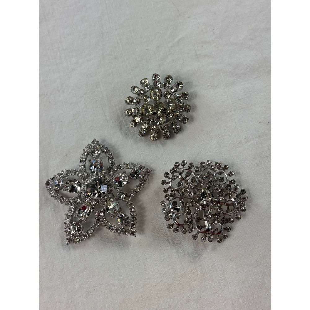 Vintage Rhinestone Brooch Set Silver Tone Star Sunburst Floral Clear Crystal 3pc